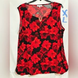 Calvin Klein red black floral sleeveless blouse front brand logo size  XL